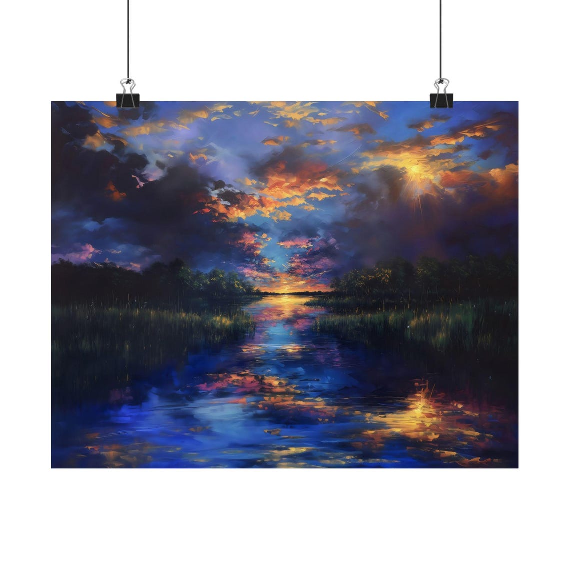 Golden Sunset Reflection on a Calm Lake Under Dramatic Clouds Poster
