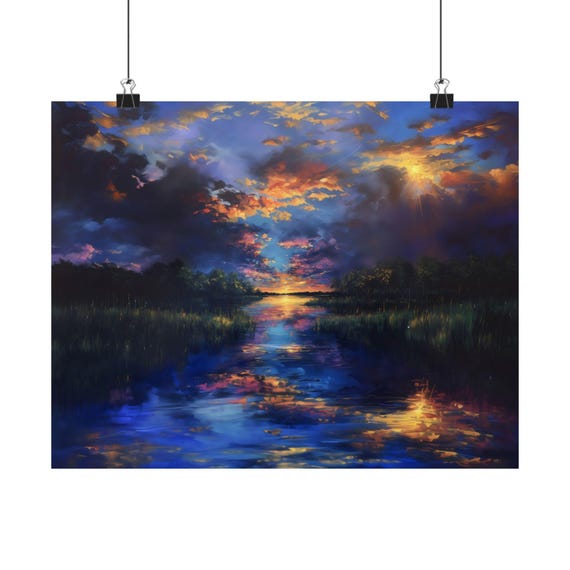 Lake Sunset Poster Print Landscape Modern Painting Nature Calm Relaxing Wall Print Airbnb Art Wall Decor