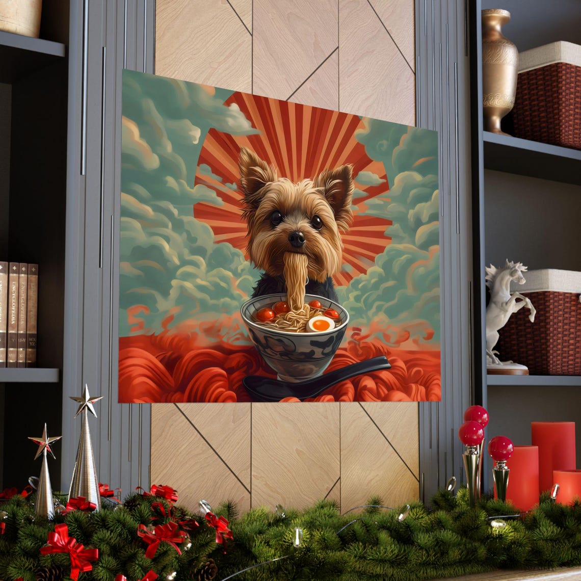 Tiny Yorkshire Terrier Eating Ramen Under Red Rising Sun Poster - Image 2