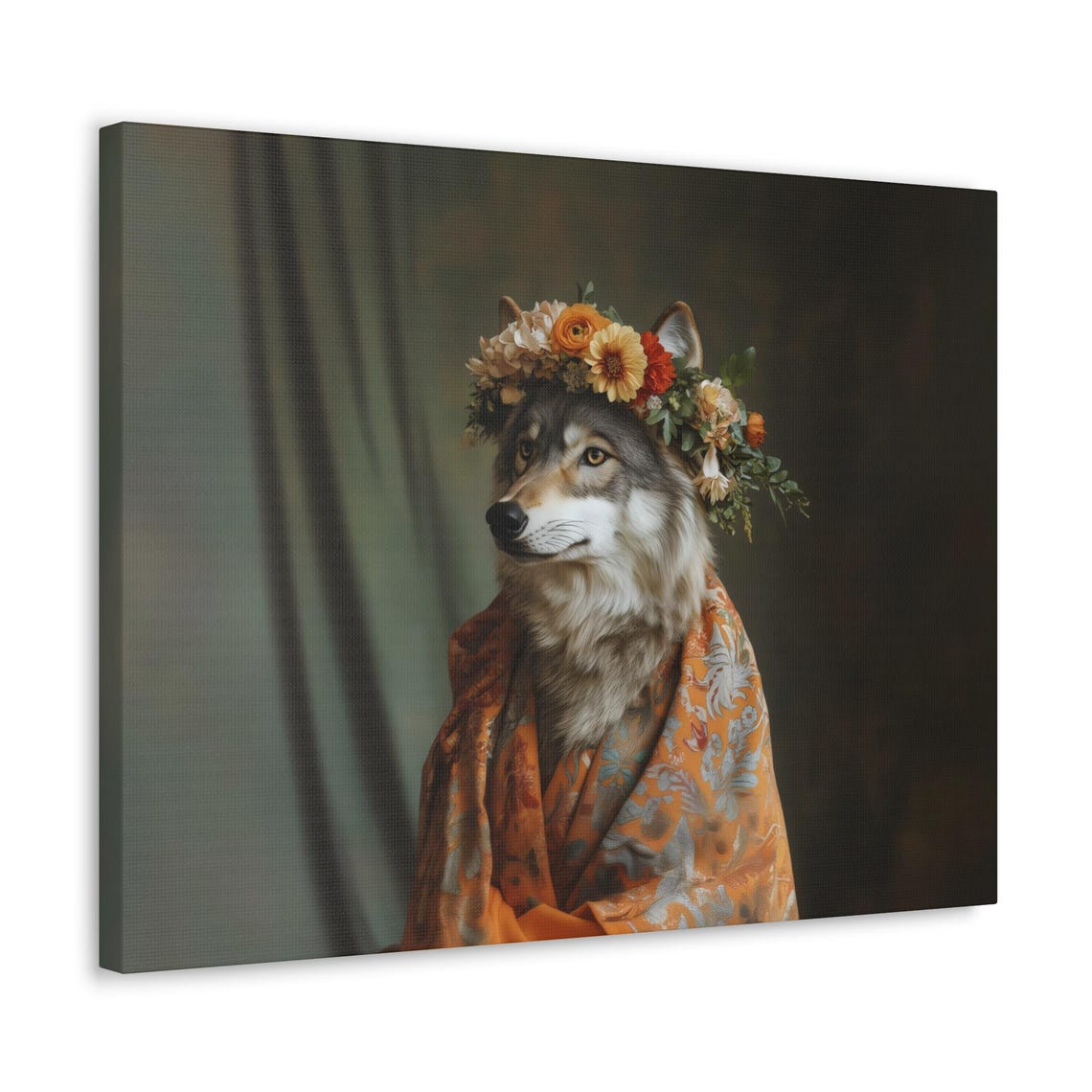 Wolf Fashionista Portrait With Floral Crown And Kimono Robe Poster - Image 2