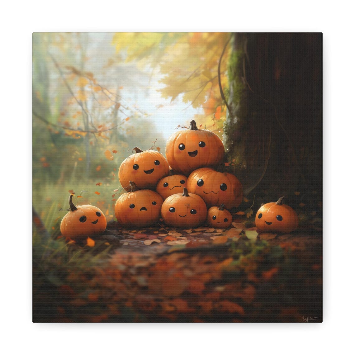 Square Pumpkin Forest Group Cute Spooky Painting Fall Modern Painting Halloween Eccentric Wall Print Art Airbnb Art Wall Decor