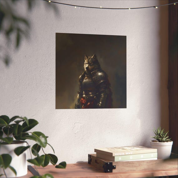 Maximalist Eclectic Medieval Wolf Knight Poster Print Bold Altered Animal Portrait Fantasy Fun Colorful Renaissance Rustic Vintage Art