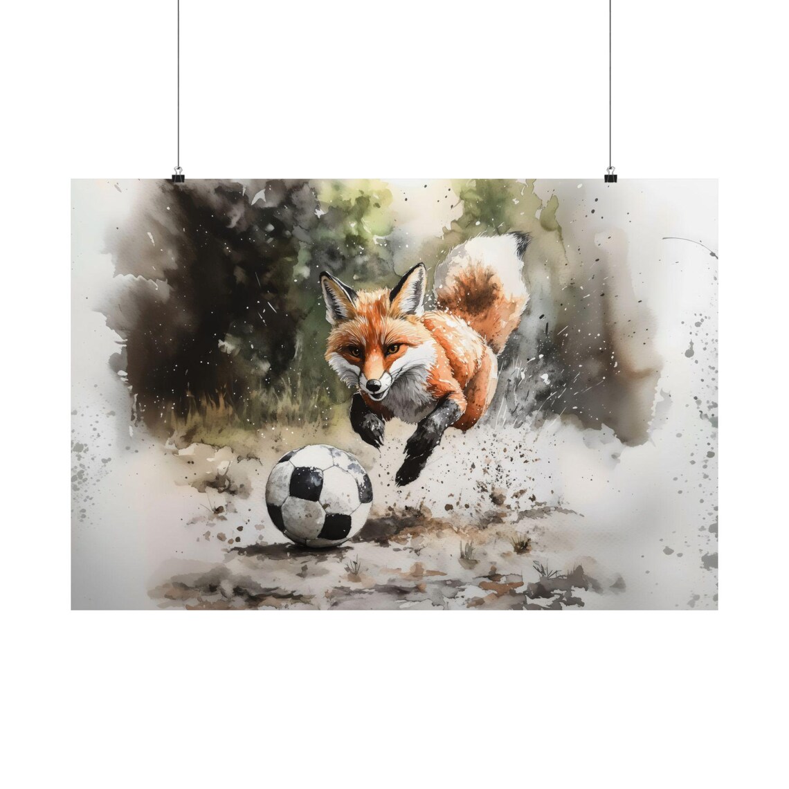 Fox Playing Soccer Ball Watercolor Action Shot Playful Wildlife Art Poster - Image 3