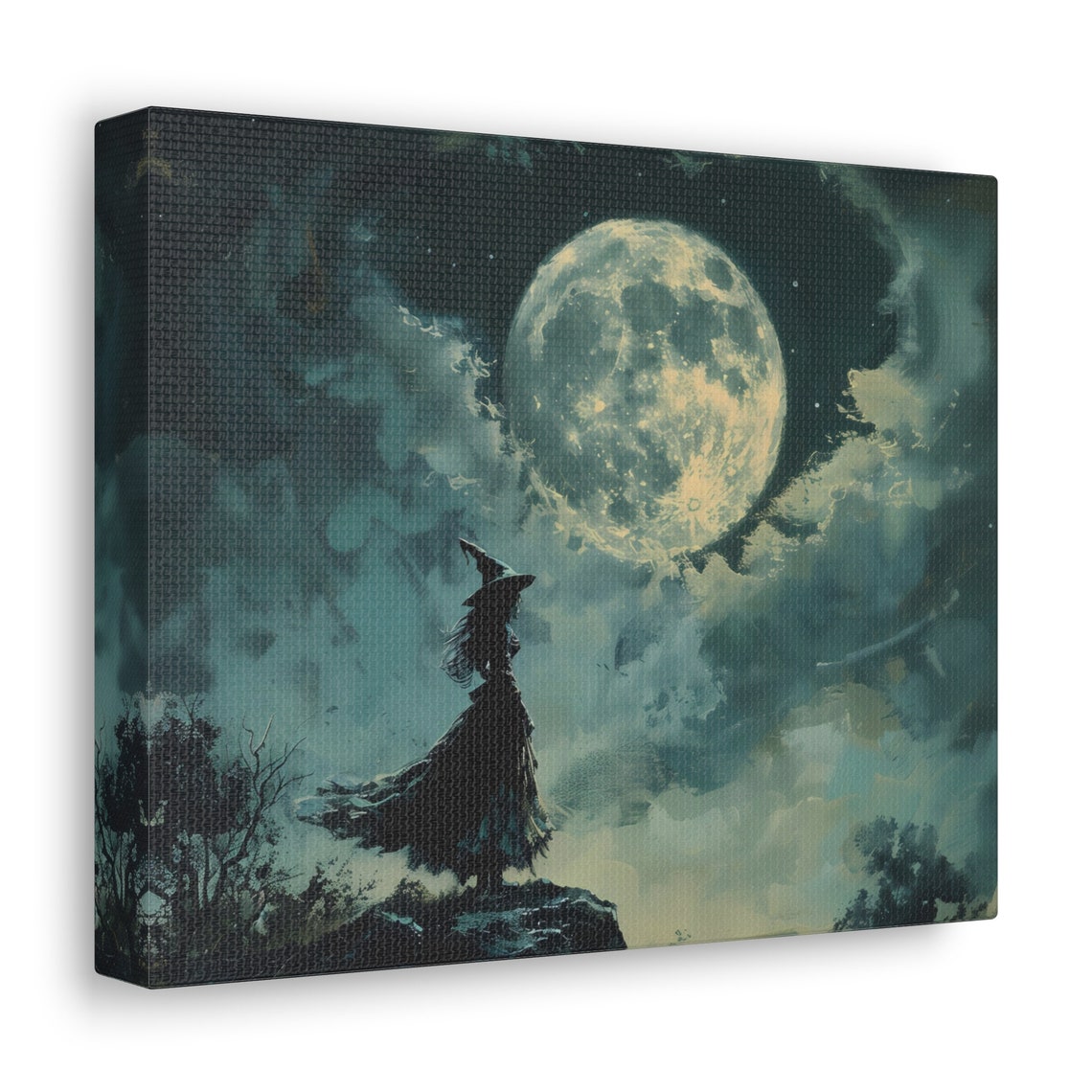 Lone Witch Silhouette on Dark Hill Under Giant Full Moon Poster - Image 3