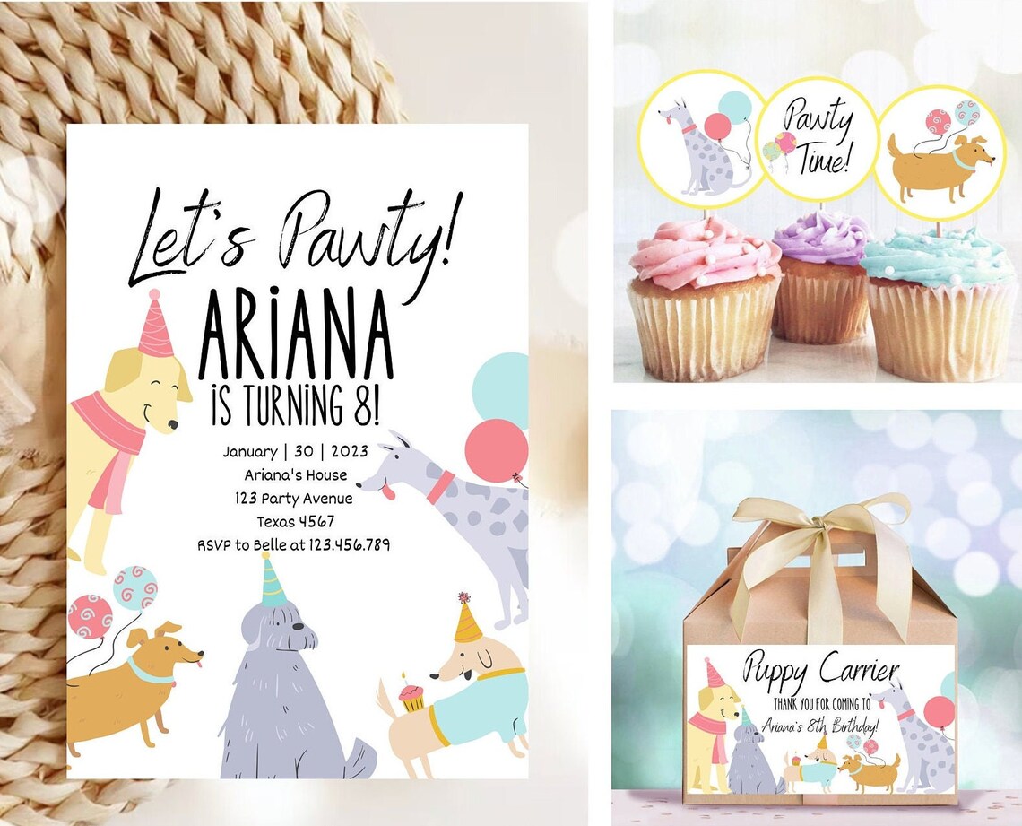 Editable Dog Birthday Party Invitation Puppy Birthday Invite Blue Pink Boy Girl Pawty Birthday Animal Pet Vet Pdf - Image 4