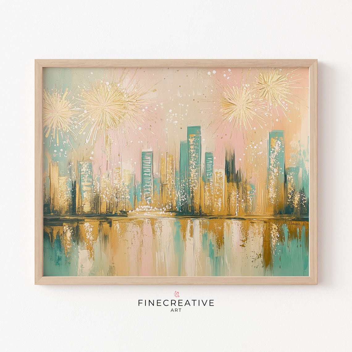 Pastel City Skyline with Gold Fireworks Over Water Dreamy Poster