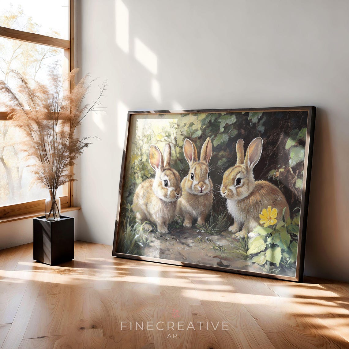 Three Fluffy Baby Bunnies Among Leaves Easter Spring Rabbit Print - Image 3