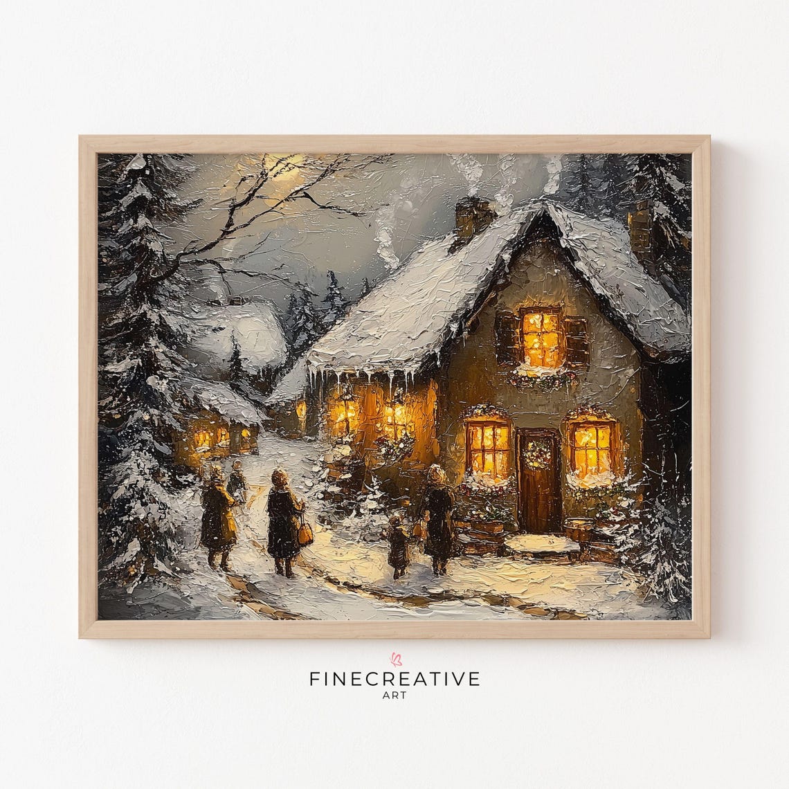 Moonlit Snowy Village Cottage with Carolers Glowing Windows Poster