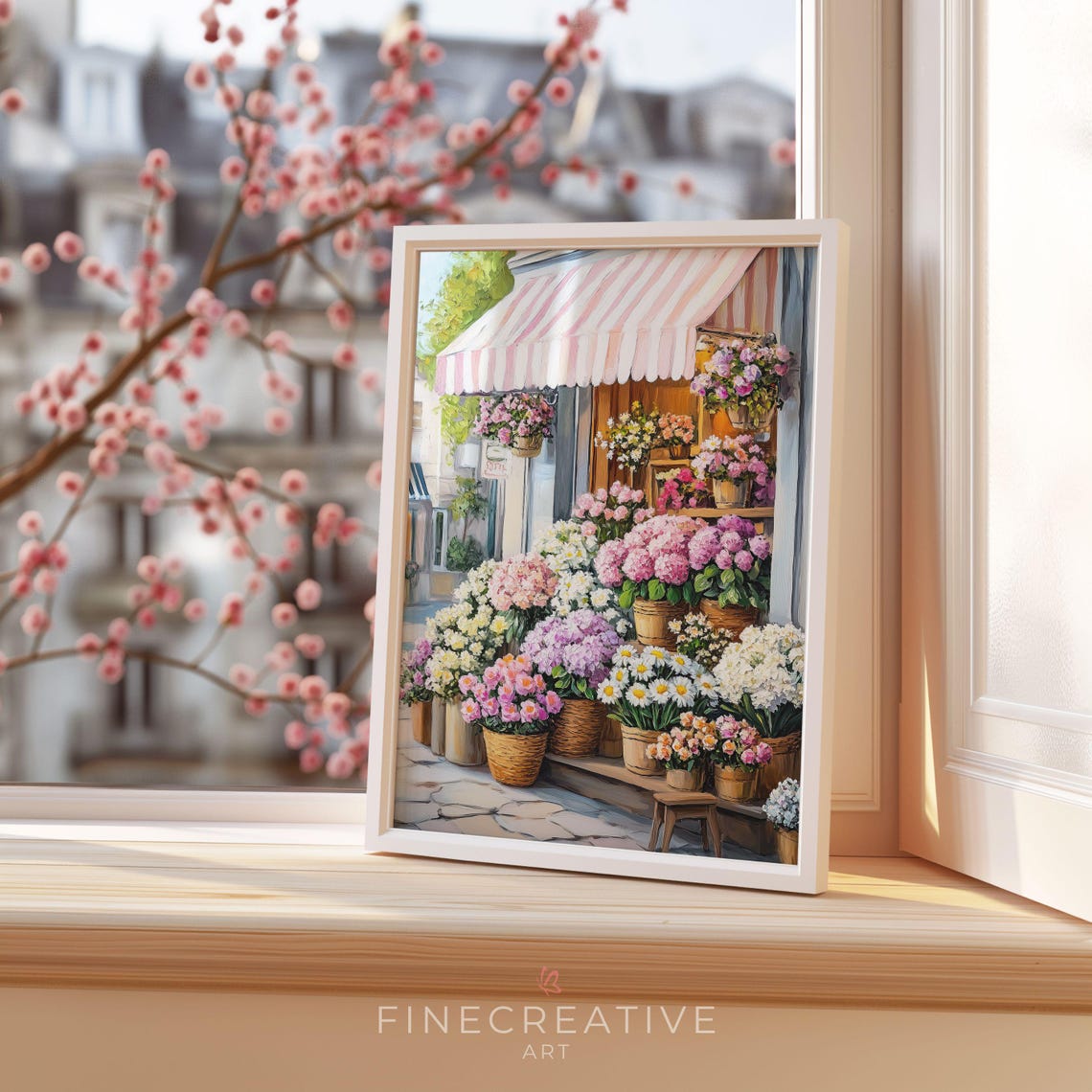 Vintage Flower Shop Storefront Striped Awning Spring Floral Print - Image 2
