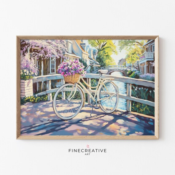 Spring Bicycle With Flower Basket by a Cherry Blossom Canal Poster