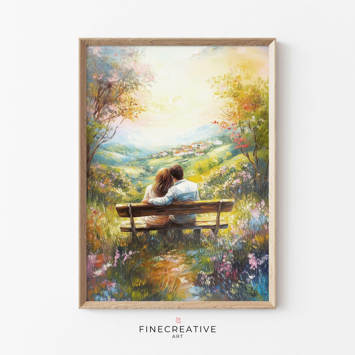 Romantic Couple on a Bench Overlooking a Sunset Valley Poster
