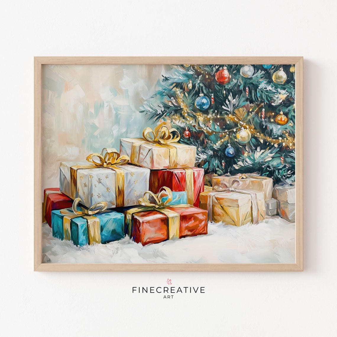 Christmas Gifts Pile Under Decorated Tree Oil Painting Poster