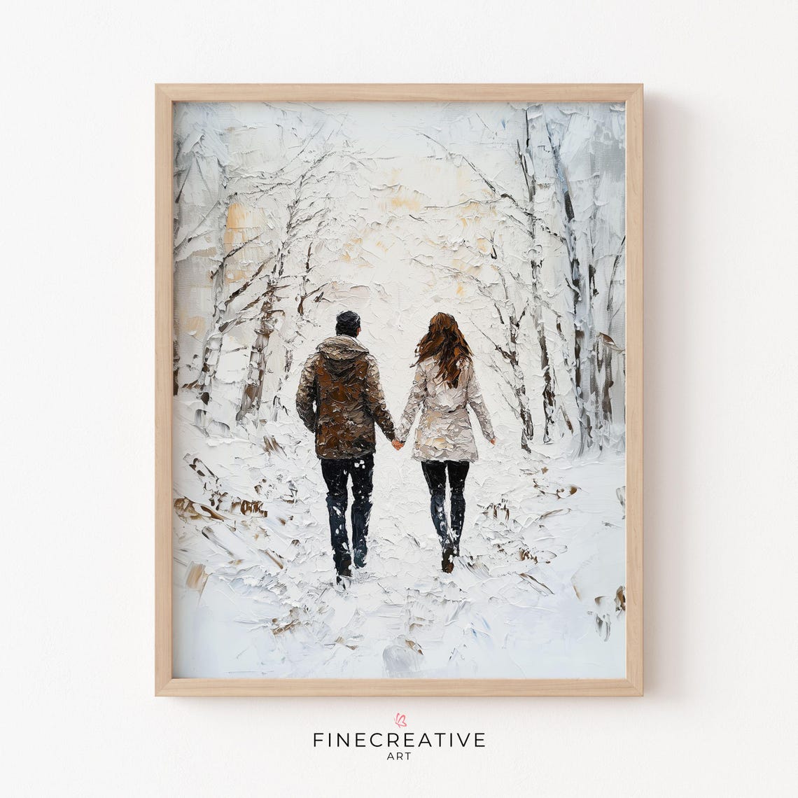 Couple Holding Hands Walking Through Snowy White Forest Poster