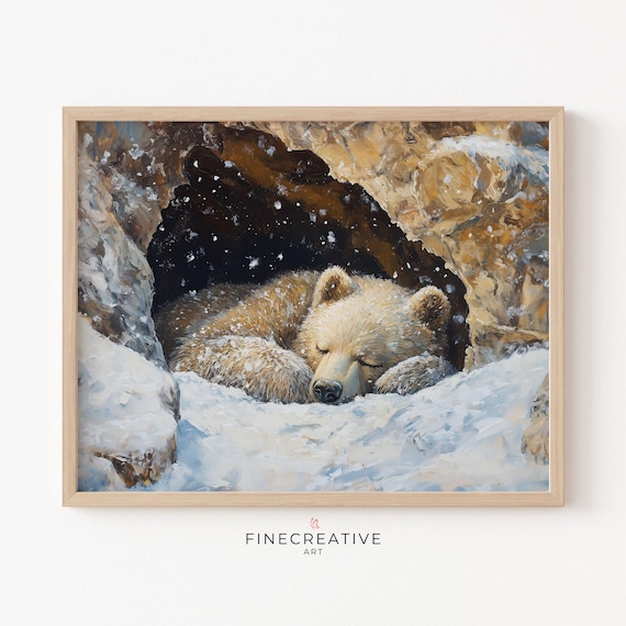 Sleeping Bear Cub Curled in Snowy Winter Den Sweet Animal Poster