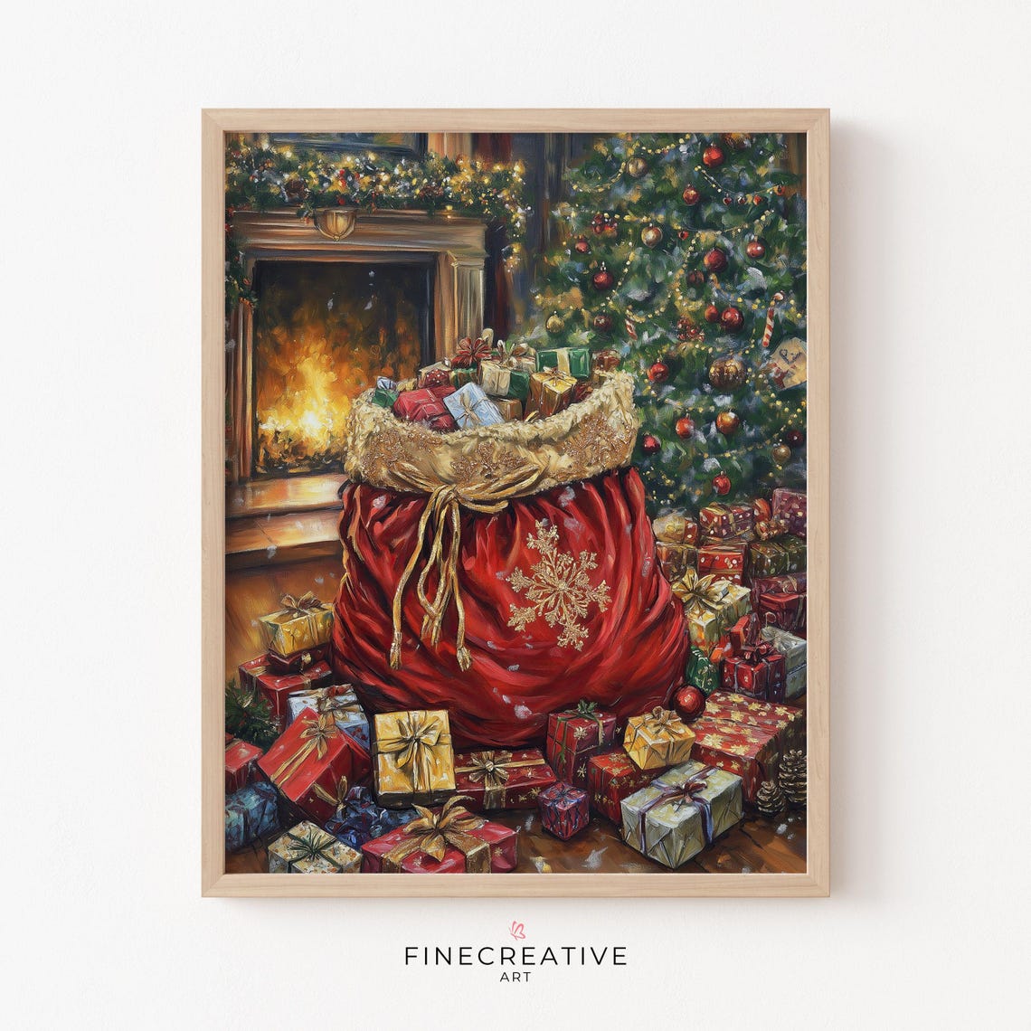 Santa's Red Gift Sack Overflowing with Gifts by Fireplace Poster