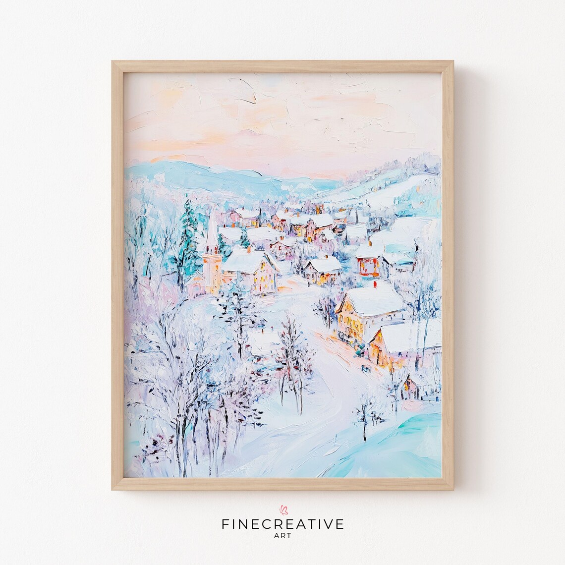 Snowy Village Winter Painting Pastel Impressionist Village Wall Poster