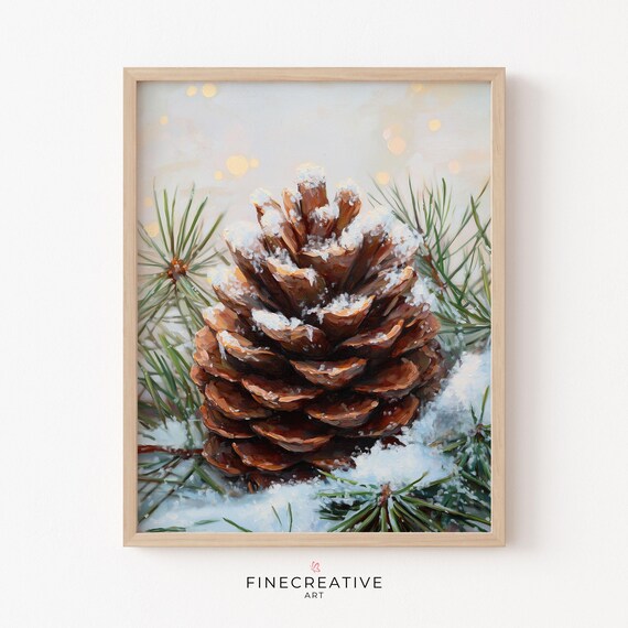 Snow Dusted Pinecone Resting On Winter Pine Branches Painting Poster