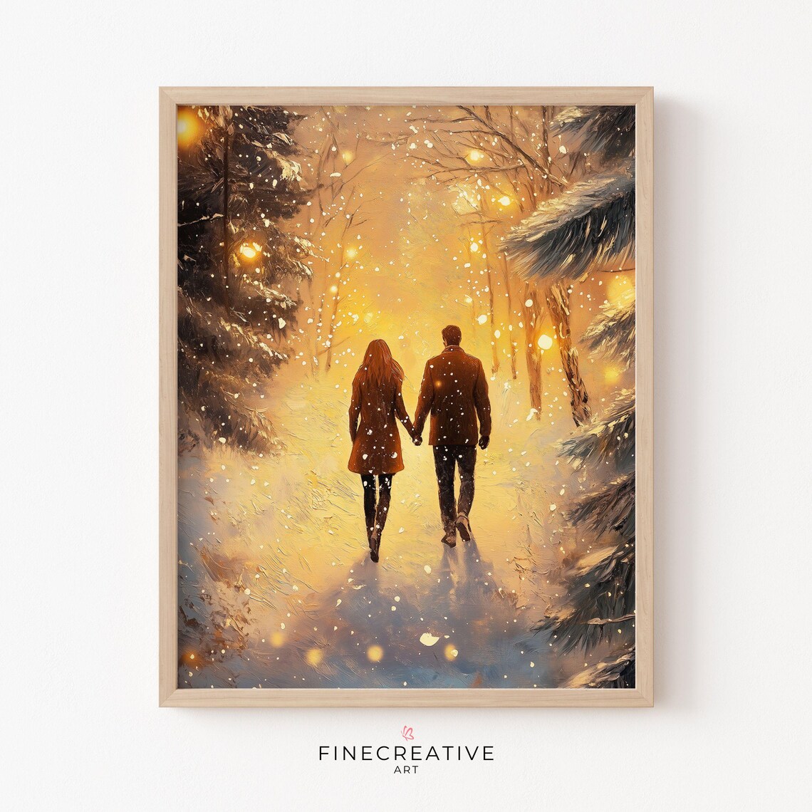 Couple Walking Hand In Hand In Golden Snowfall At Sunset Poster