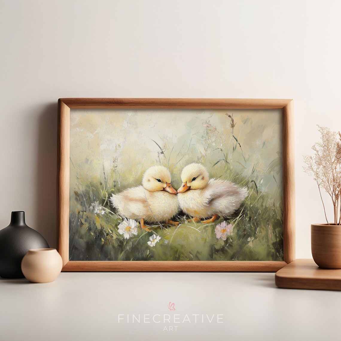Two Baby Ducklings Cuddling In Spring Wildflower Grass Print - Image 4