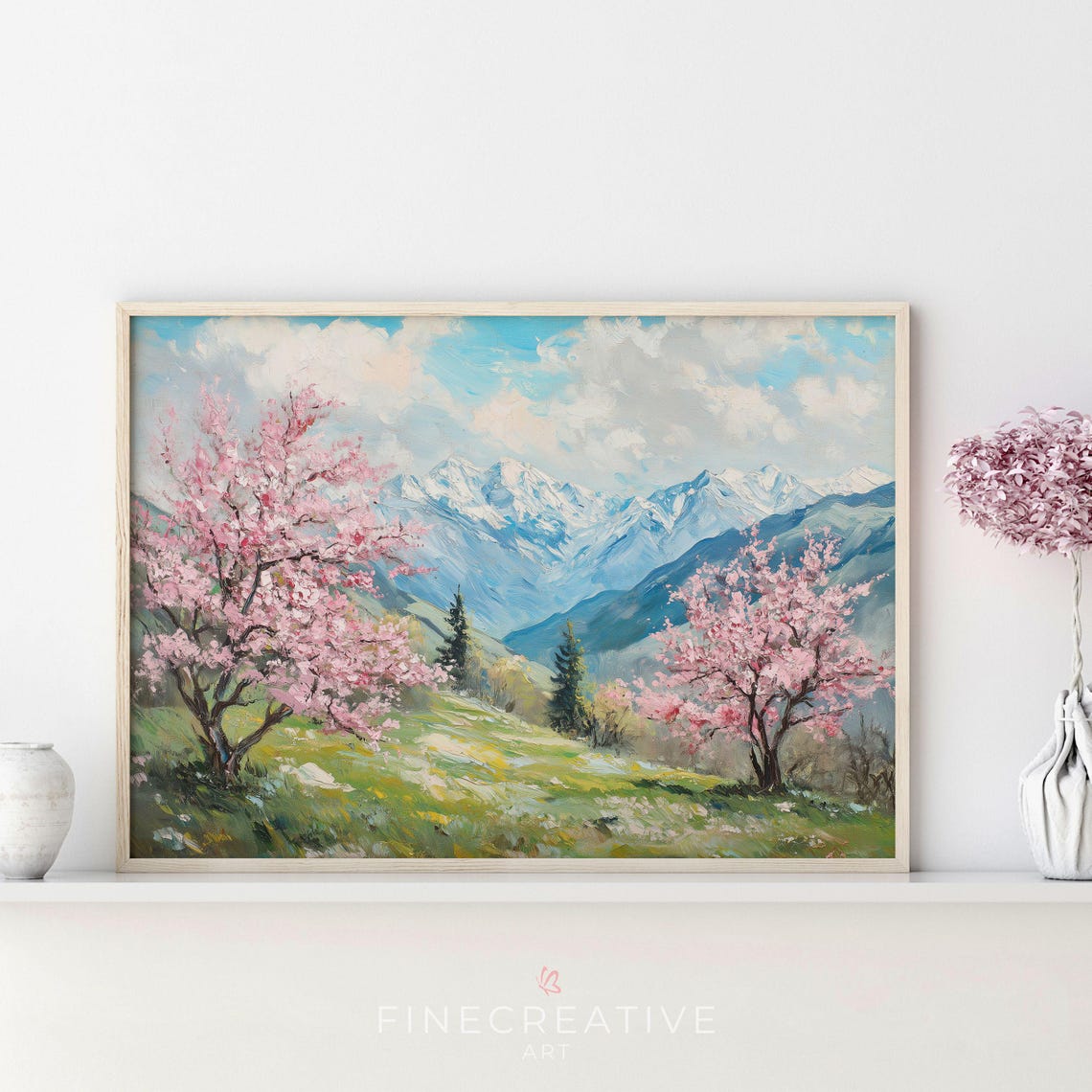 Pink Cherry Blossom Trees With Snowy Mountain Peaks Spring Print - Image 4
