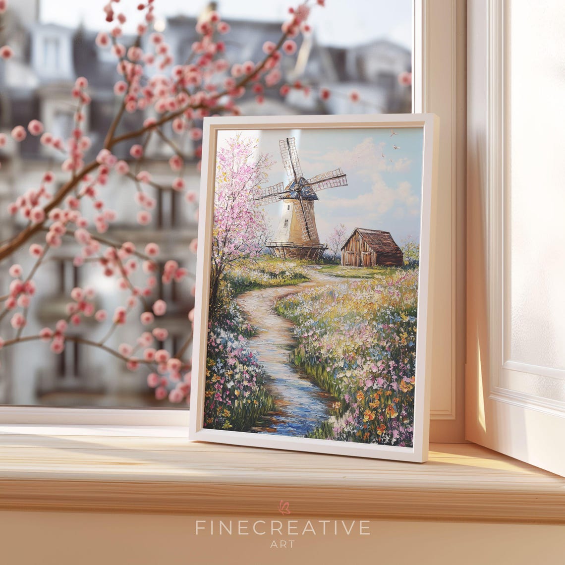 Windmill Spring Flower Fields Stream Barn Countryside Travel Poster - Image 3