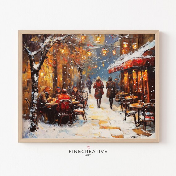 Snowy Street Cafe With Glowing Lanterns Winter Scene Artwork Poster