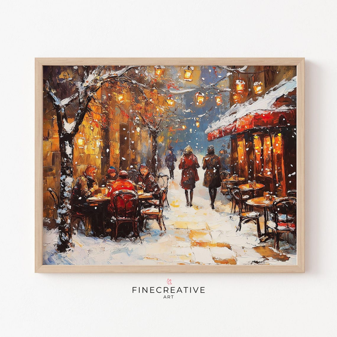 Snowy Street Cafe With Glowing Lanterns Winter Scene Artwork Poster