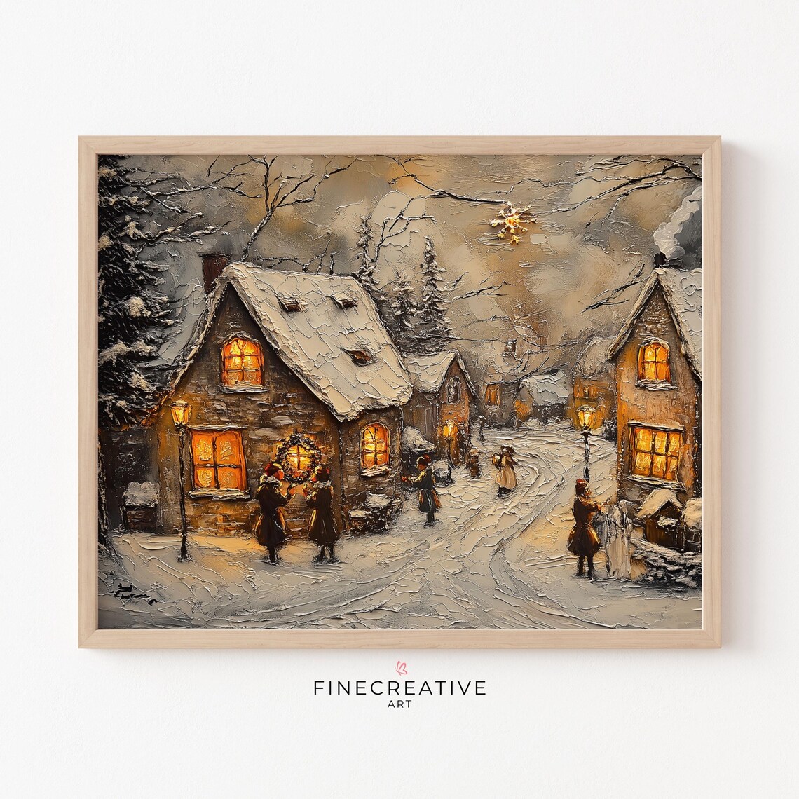 Snowy Village Cottages With Carolers At Night Artwork Poster