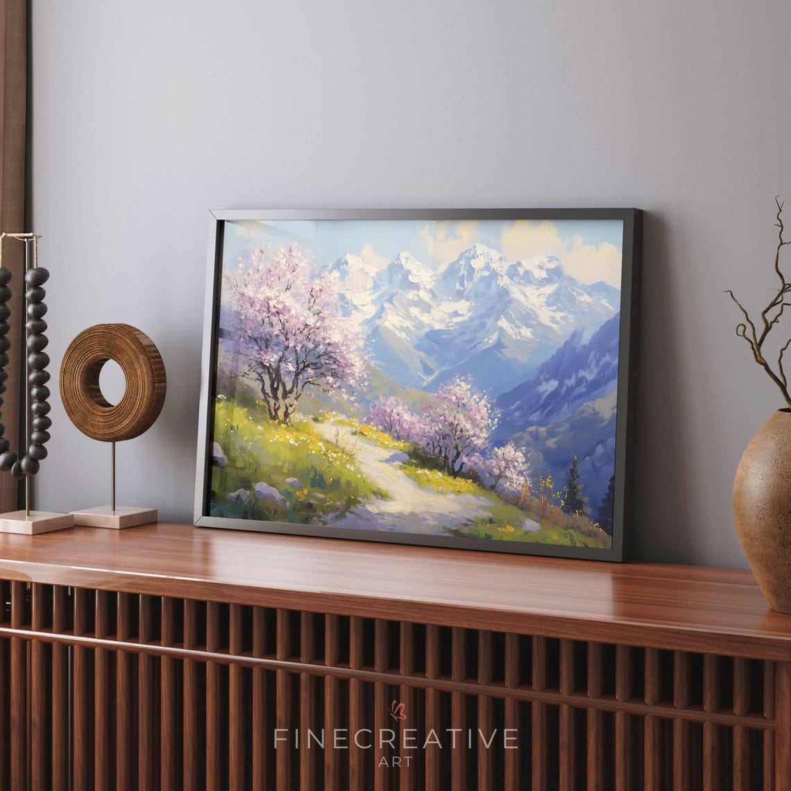 Cherry Blossom Trail Toward Snow Capped Mountain Peaks Print - Image 2