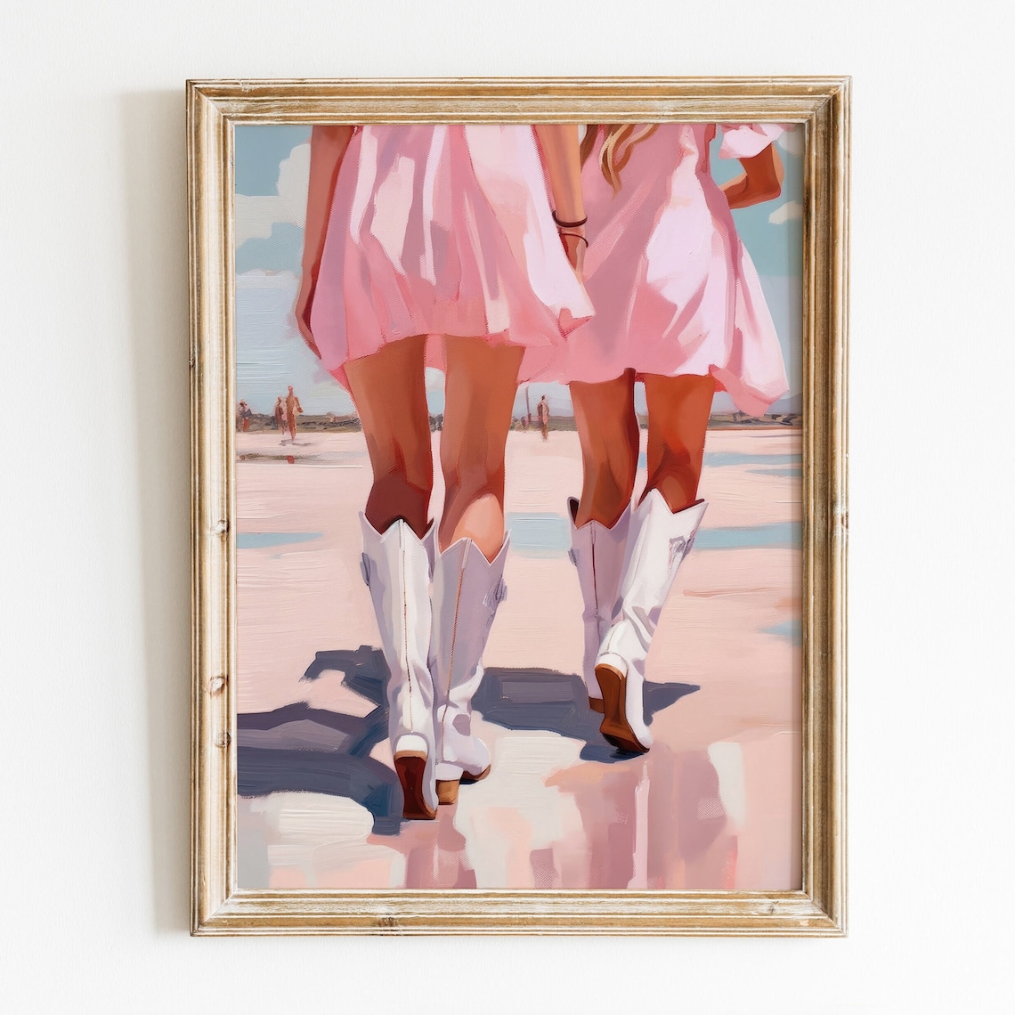 Coastal Cowgirl Pink Dress White Boots Beach Walk Girly Art Poster