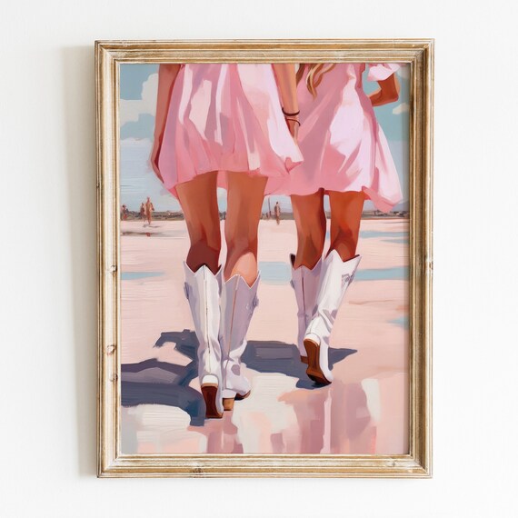 Coastal Cowgirl Pink Dress White Boots Beach Walk Girly Art Poster