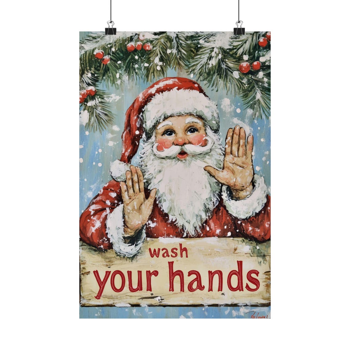 Vintage Santa Claus Wash Your Hands Christmas Bathroom Sign Poster - Image 2