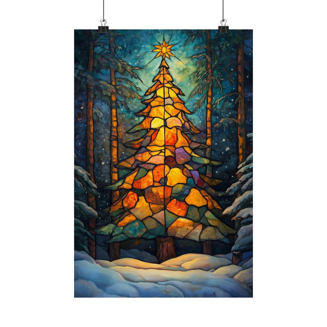 Stained Glass Style Christmas Tree in Snowy Night Forest Art Print - Image 2
