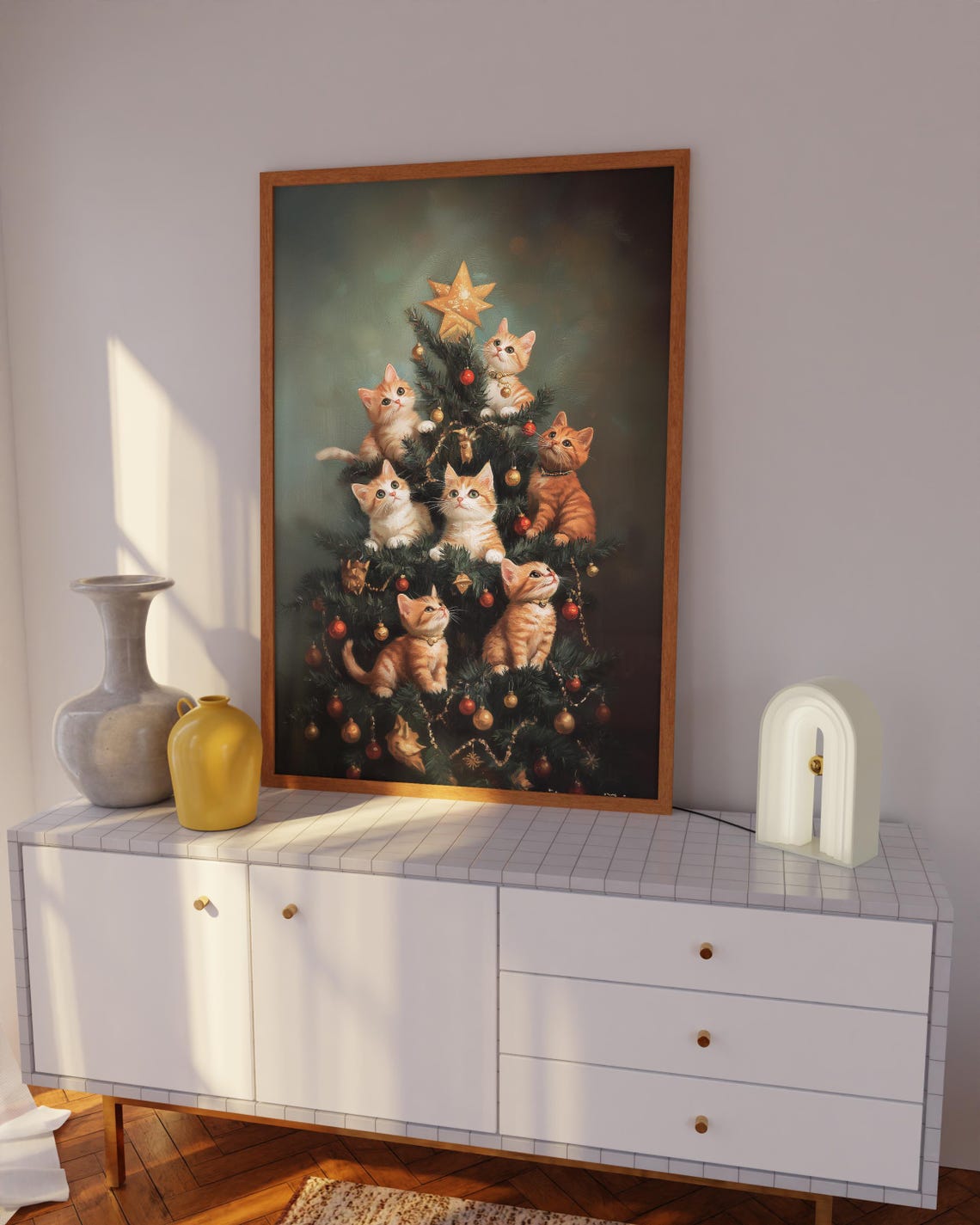 Kittens Climbing Decorated Christmas Tree Vintage Style Poster - Image 2