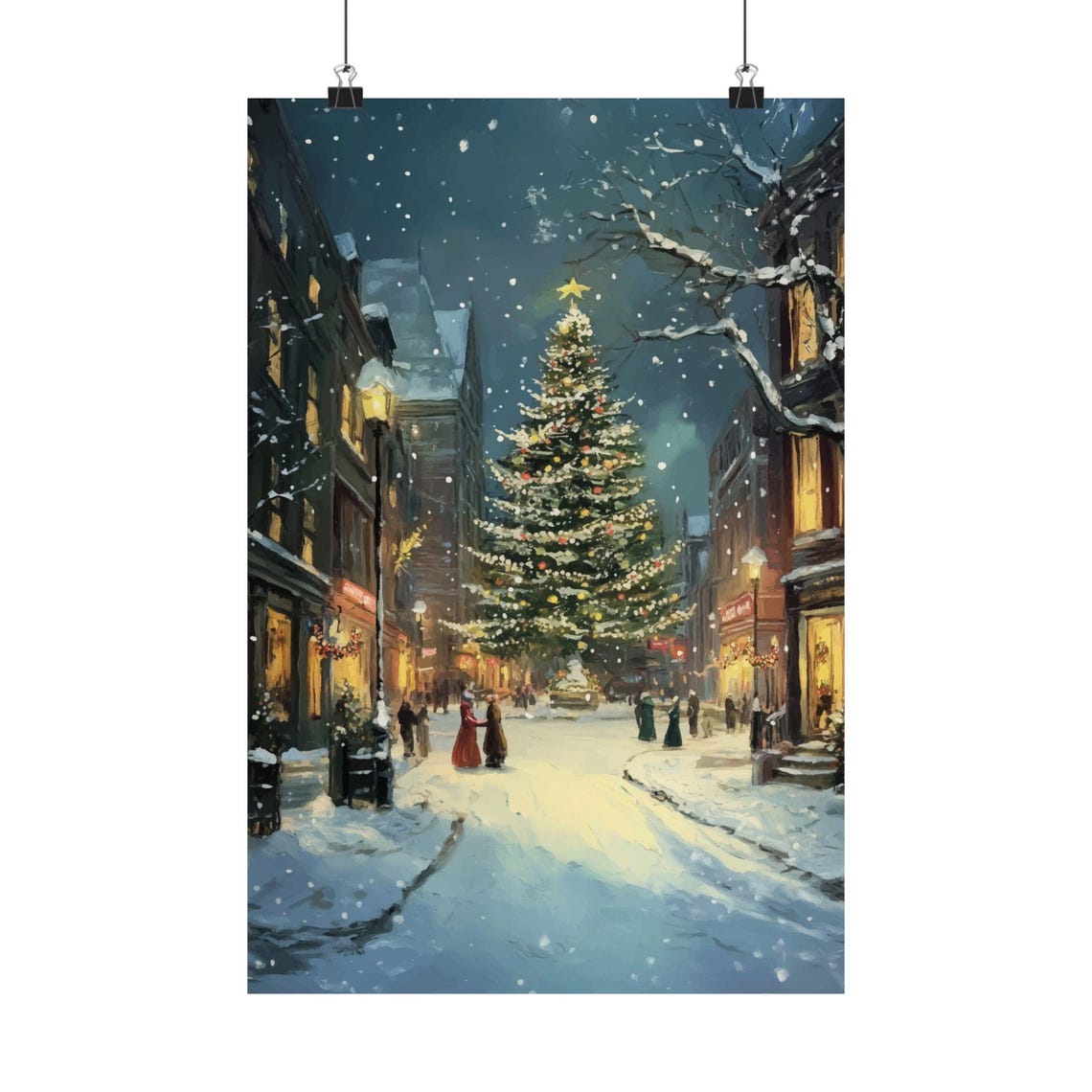 Victorian Christmas Street Snowy Night Lit Tree Vintage Poster - Image 2
