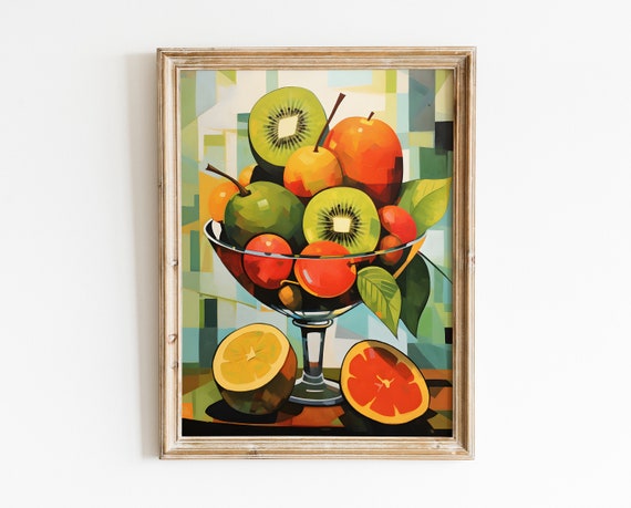 Colorful Fruits Still Life Painting Art Print Retro Kiwi Fruit Print Kitchen Still Life Painting Vintage 70s Poster Mid Century Modern