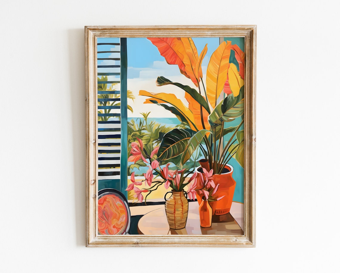 Tropical Banana Leaves Terracotta Pots Floral Still Life Wall Art