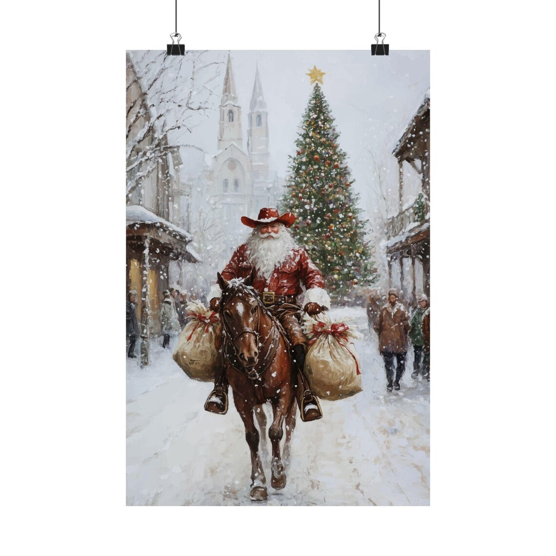 Cowboy Santa Claus on Horseback in Snowy Christmas Town Painting Poster - Image 2
