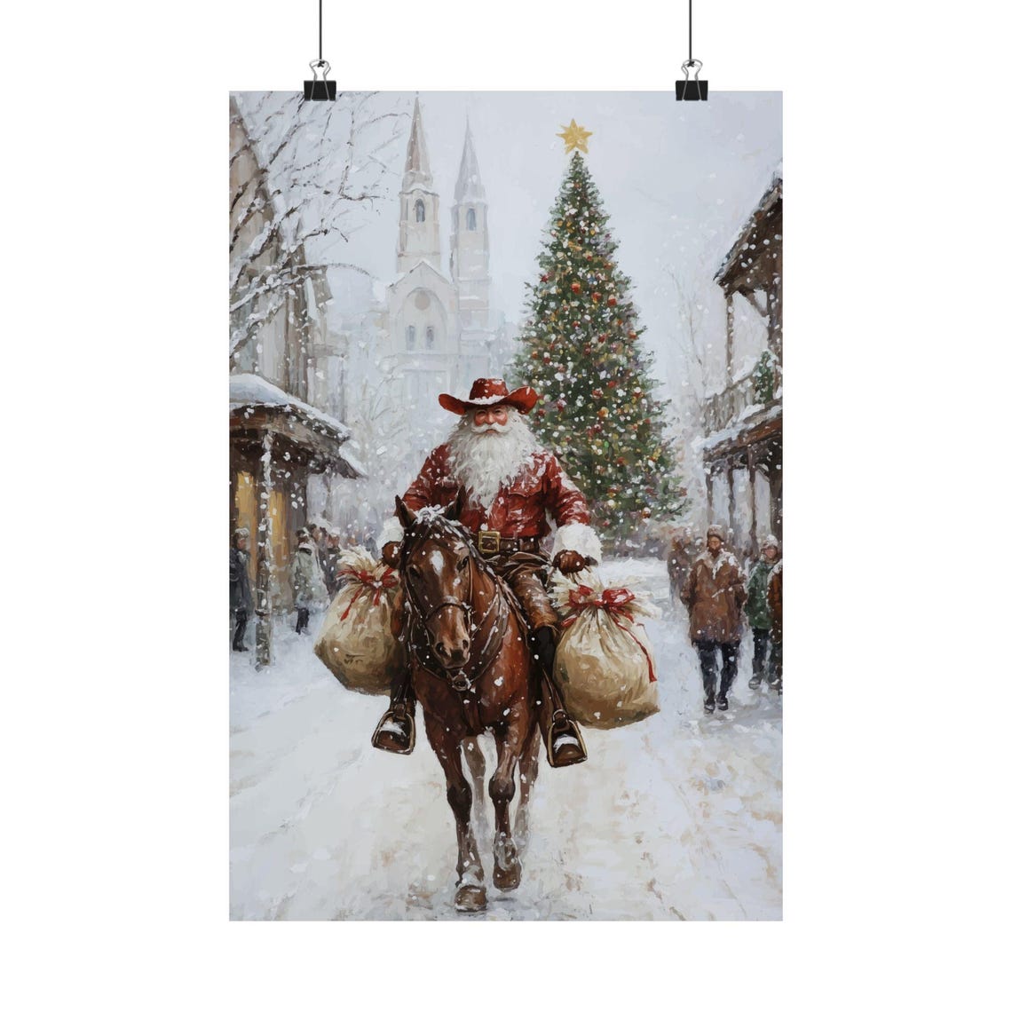 Cowboy Santa Vintage Oil Painting Santa Claus Riding A Horse Downtown Print Santa Carrying Gifts Bags Snowy Landscape Christmas Wall Art - Image 2