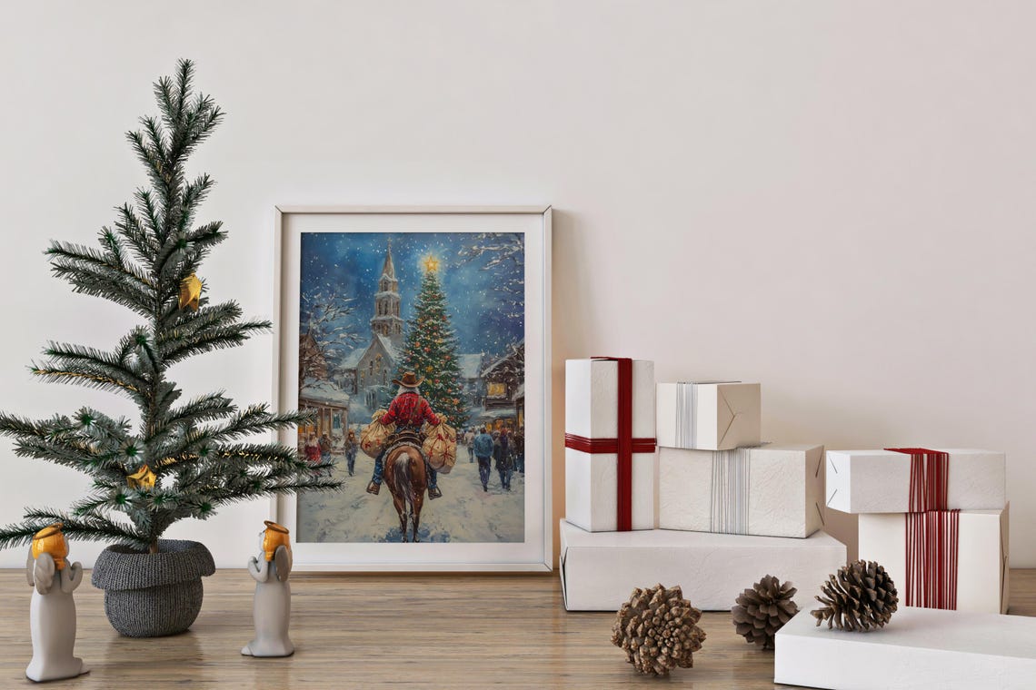 Starry Night Winter Holiday Landscape Art Santa Claus Riding A Horse Downtown Print Cowboy Santa Vintage Oil Painting Christmas Wall Art - Image 4