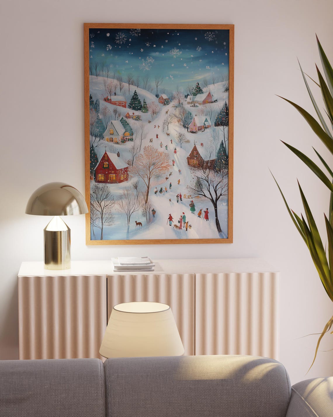 Snowy Winter Village Panorama Skiers Red Barns Holiday Poster