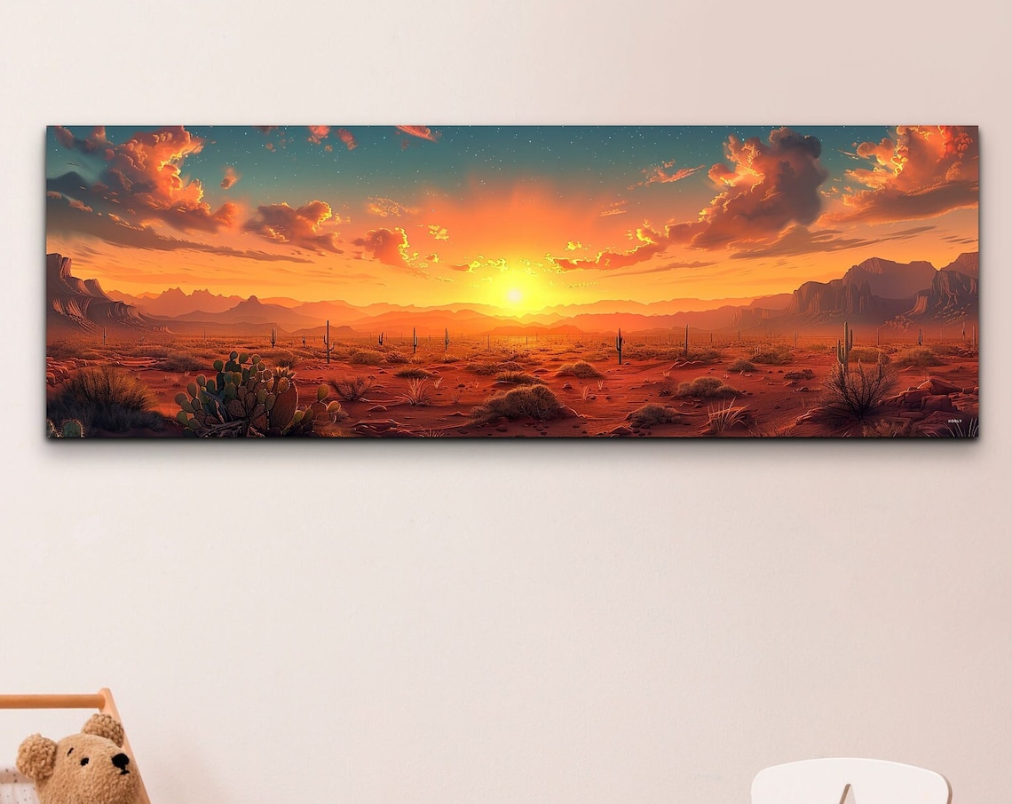 Desert Sunset Saguaro Cactus Panorama Fiery Orange Sky Poster