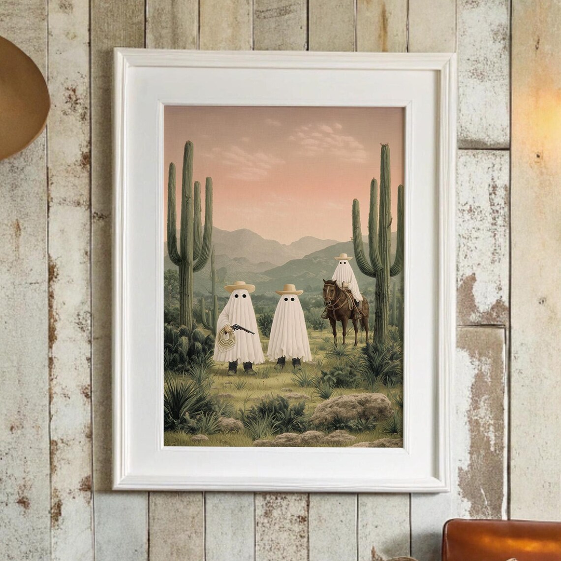Cowboy Ghosts Desert Sunset Cactus Horse Whimsical Halloween Poster