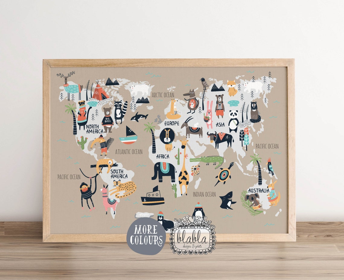 World Map Kids Animals Dark Blue Ocean Nursery Educational Wall Art - Image 2