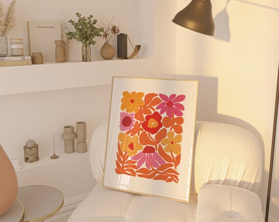Pink And Orange Abstract Wall Art Floral Dorm Room Wall Decor Abstract Botanical Print Boho Flowers Poster Moody Botanical Art