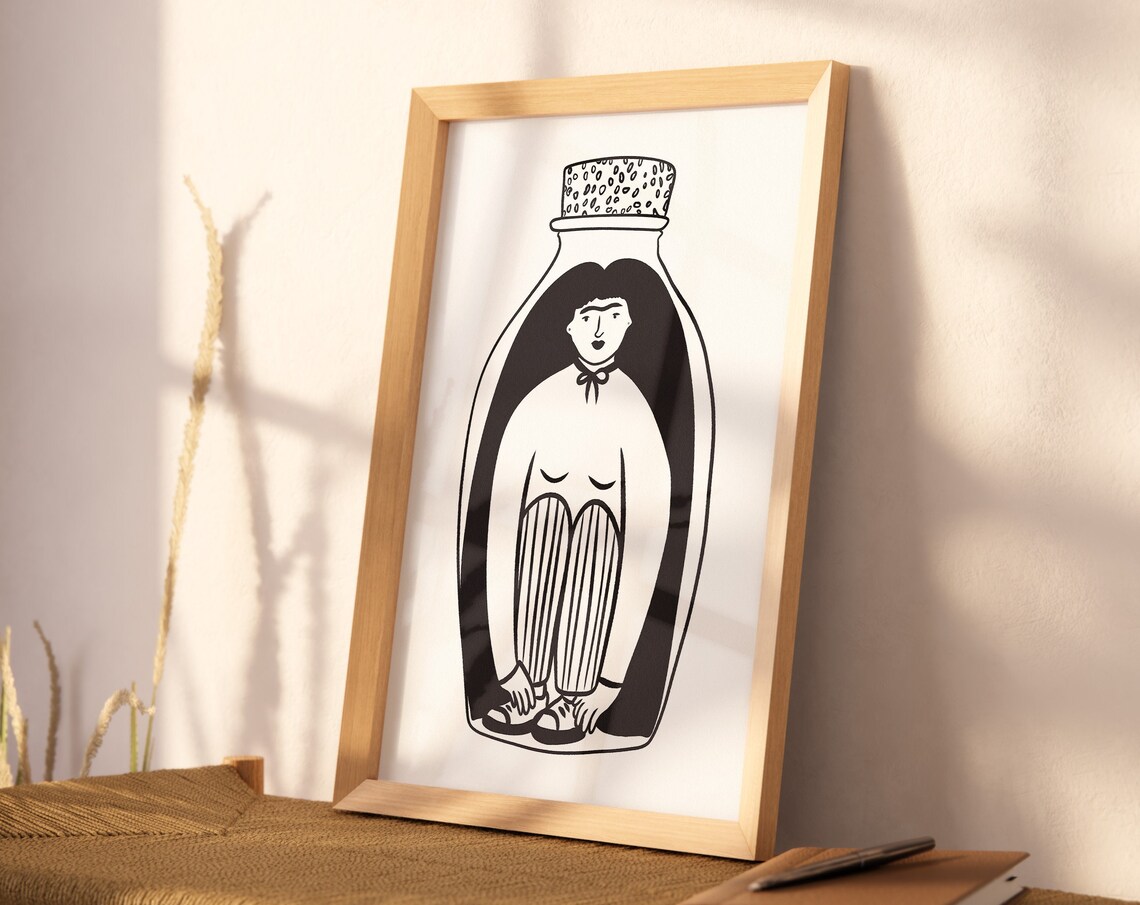 Woman Curled In Glass Bottle Quirky Black White Line Art Poster