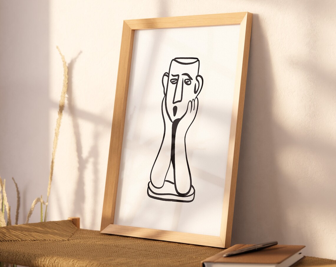 Abstract Black White Line Face Picasso Style Minimal Art Poster