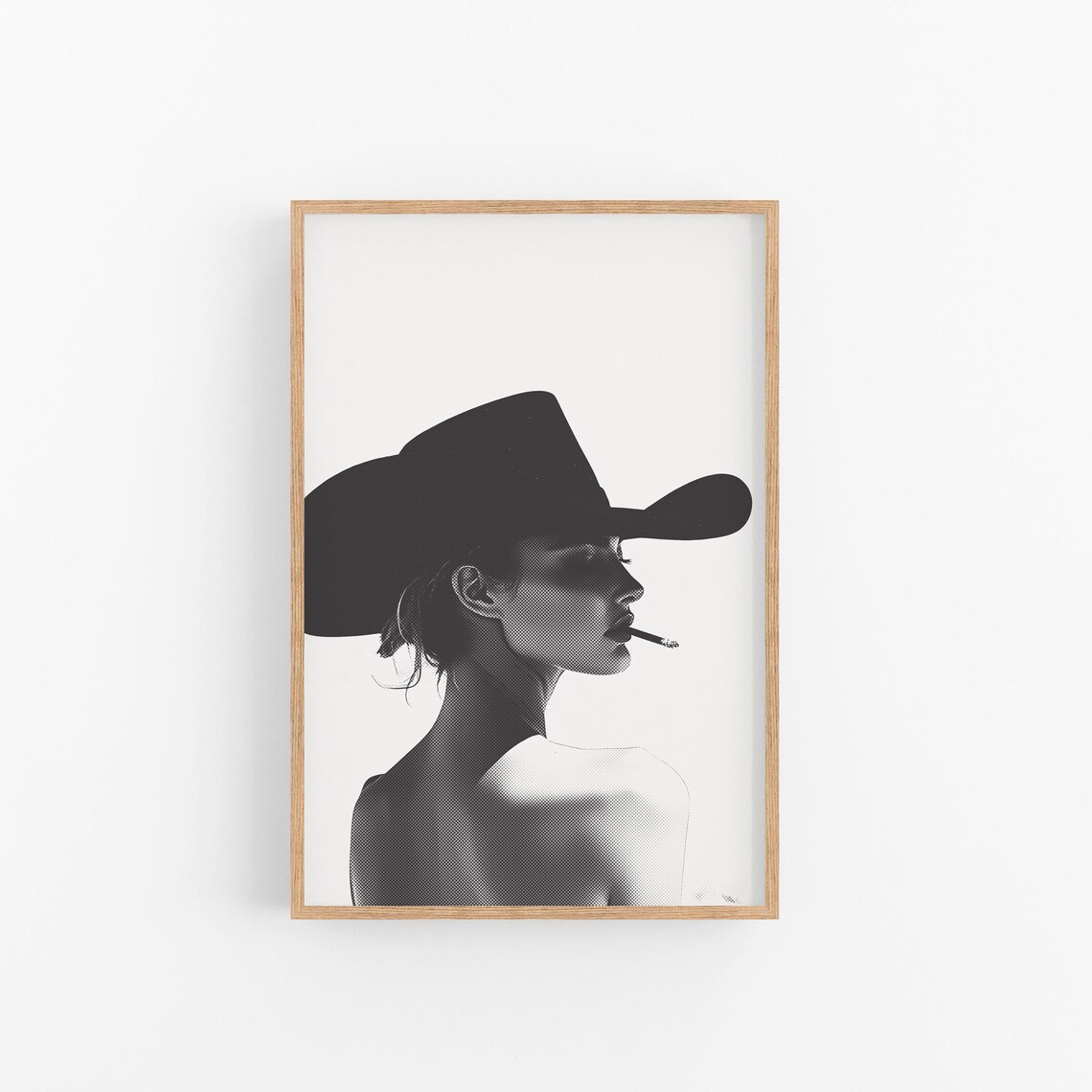 Halftone Cowgirl Portrait Smoking Western Black White Art Print
