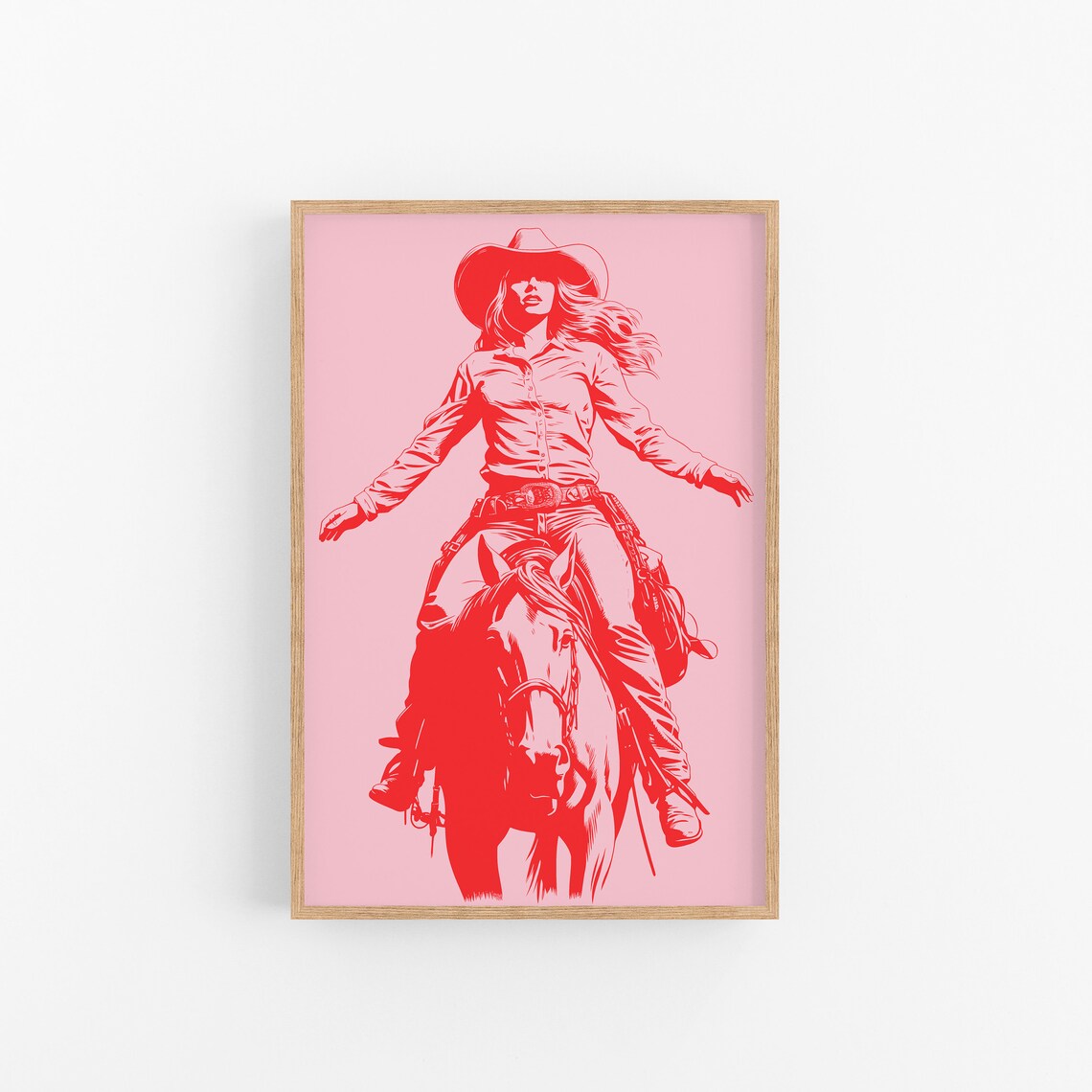 Coral Pink Cowgirl Riding Horse Modern Western Graphic Art Poster