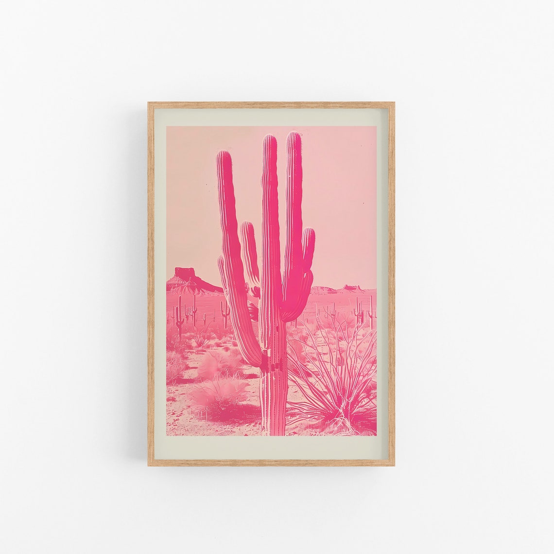 Vibrant Pink Saguaro Cactus Desert Duotone Botanical Art Poster